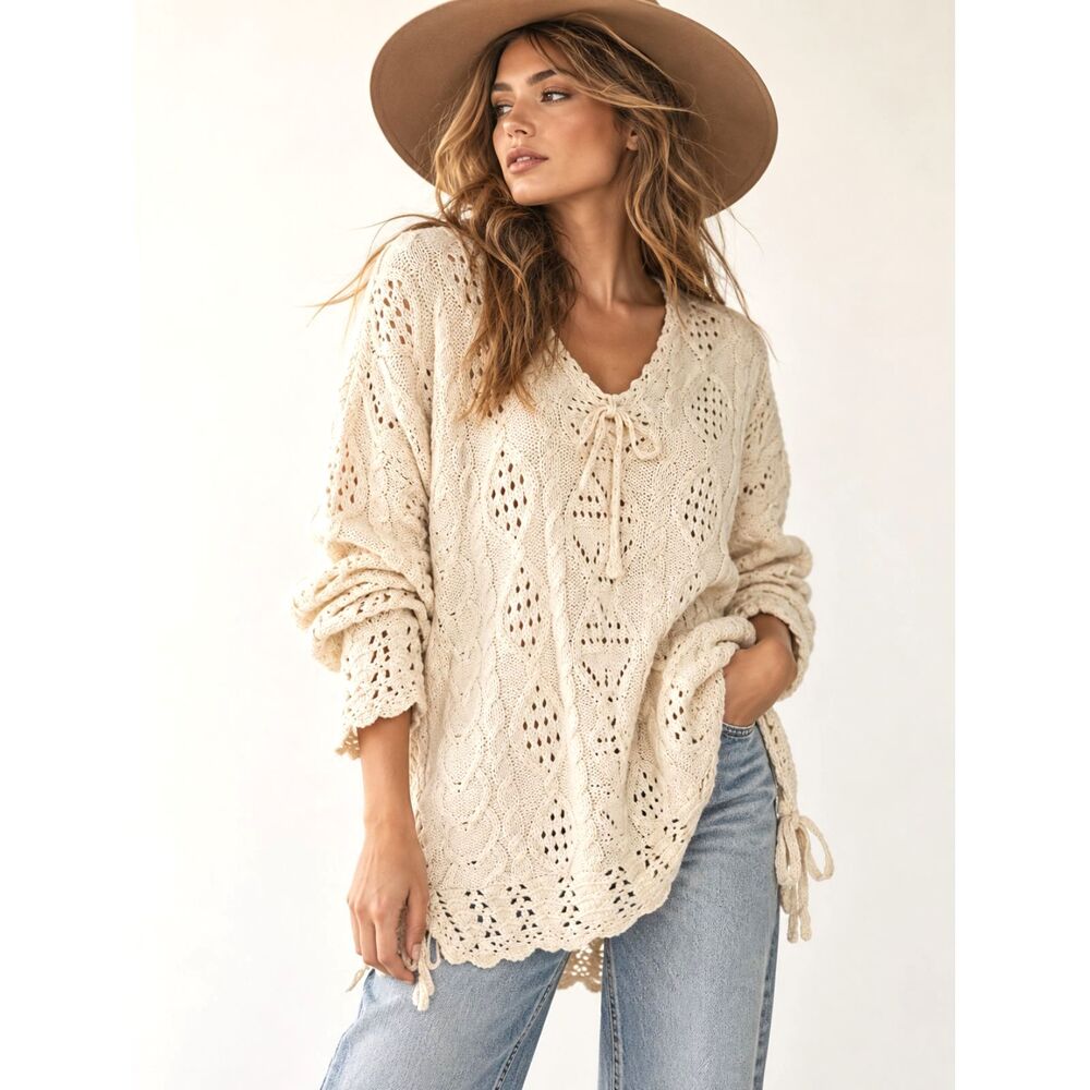 Vintage Yarnworks Handknit Sweater L Cream Cable Knit Lace Boho Ramie Cotton